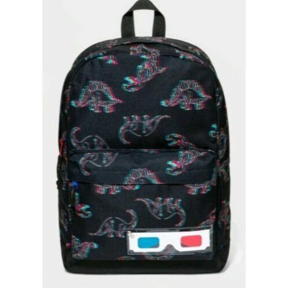 Cat & Jack 3D Dinosaur Print Backpack + 3D Glasses  NWT  Black Multi
